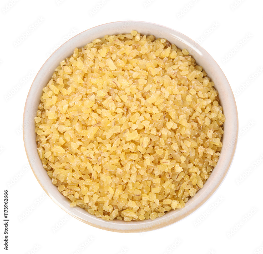 Raw bulgur in bowl isolated on white, top view Raw bulgur in bowl isolated on white, top view
