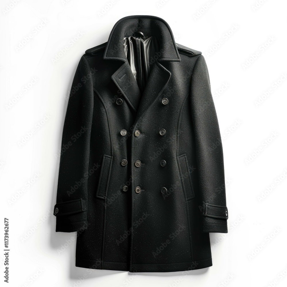 A classic black double-breasted wool coat, perfect for winter. A classic black double-breasted wool coat, perfect for winter.