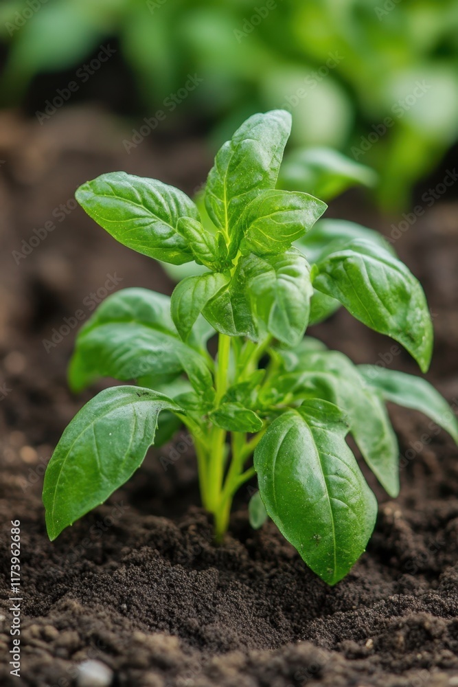 Basil plant thriving in rich soil, representing effective companion planting for pest control and bright garden aesthetics Basil plant thriving in rich soil, representing effective companion planting for pest control and bright garden aesthetics