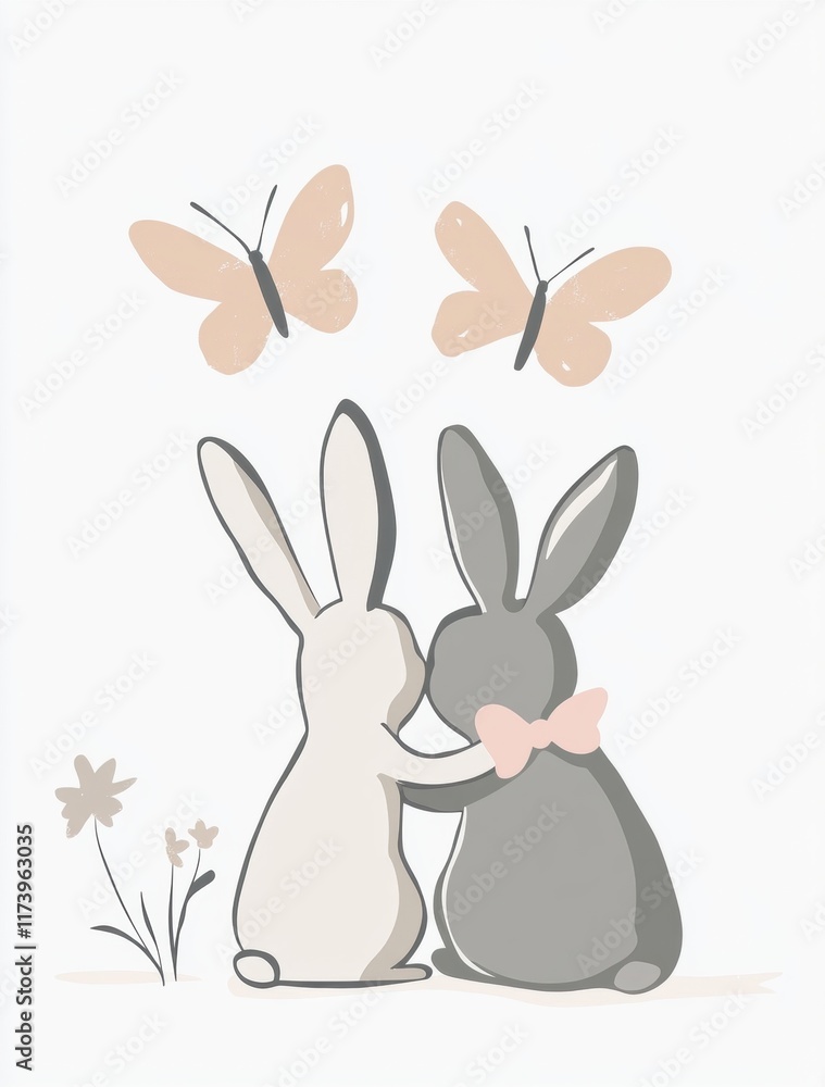 Obraz premium A pair of cute rabbits embrace under fluttering butterflies, surrounded by soft flowers.
