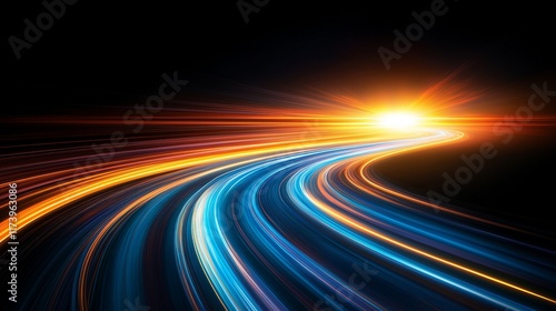 A vibrant futuristic light trail curving into a glowing horizon, symbolizing speed, AI technology, innovation, progress, and digital transformation with a sense of motion and acceleration.. photo