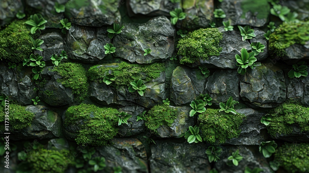A textured stone wall covered with moss and small plants. A textured stone wall covered with moss and small plants.