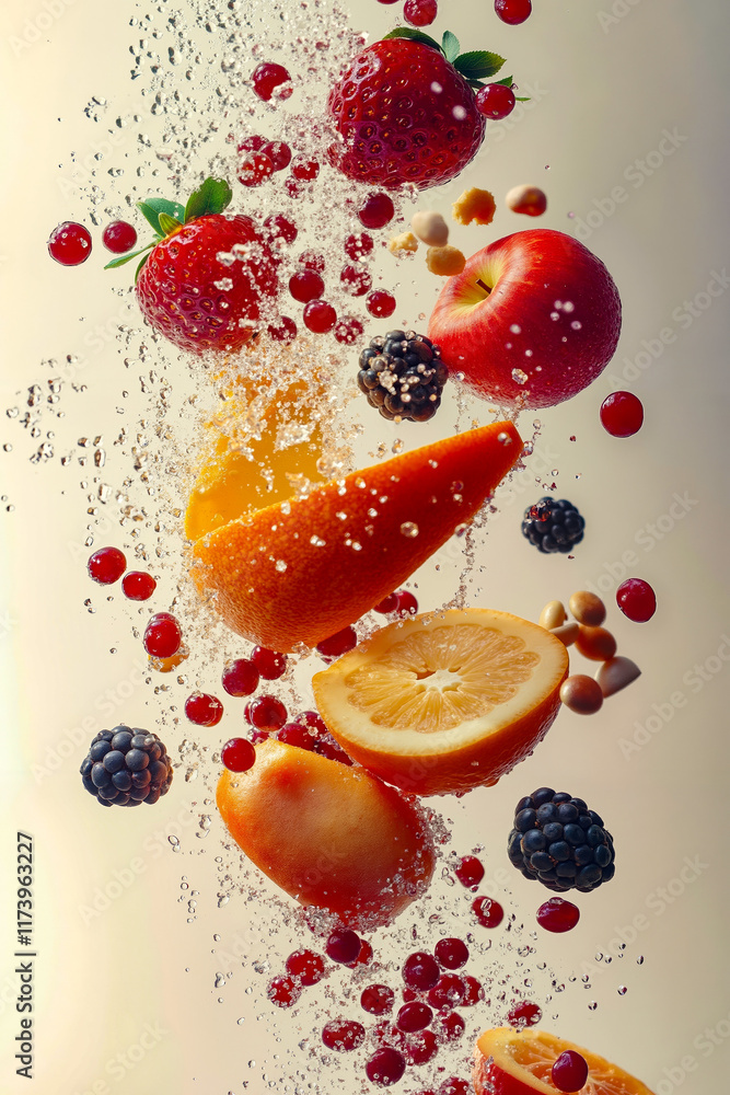 A bunch of fruit falling into the air with water splashing around them A bunch of fruit falling into the air with water splashing around them