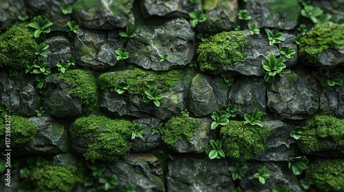 A textured stone wall covered with moss and small plants. photo