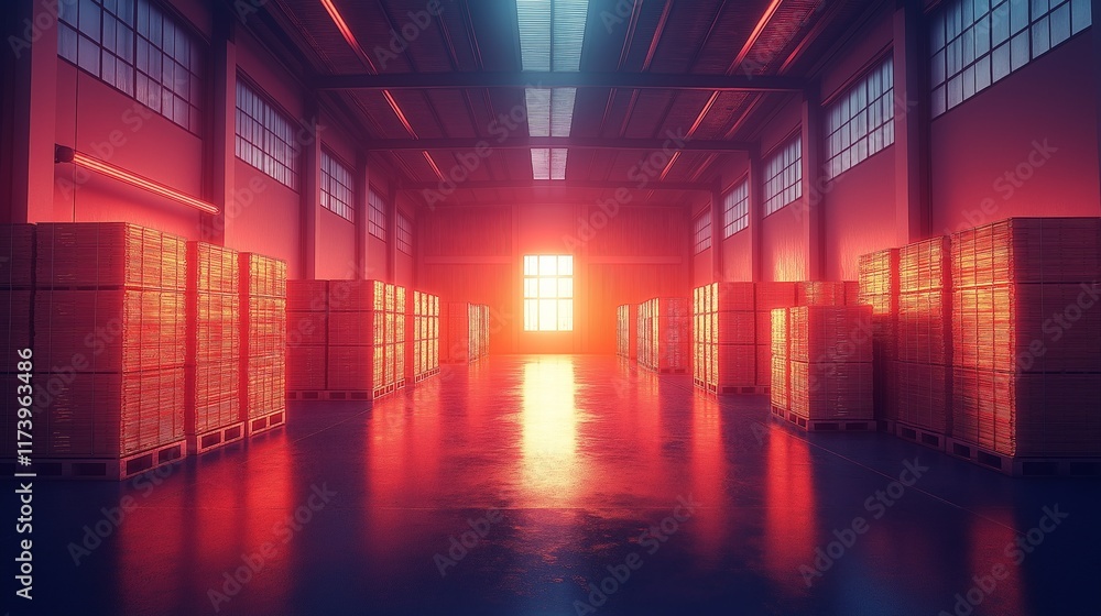 Fototapeta premium A spacious warehouse interior bathed in golden light, emphasizing productivity, logistics, and supply chain efficiency while creating a sense of order and structure..