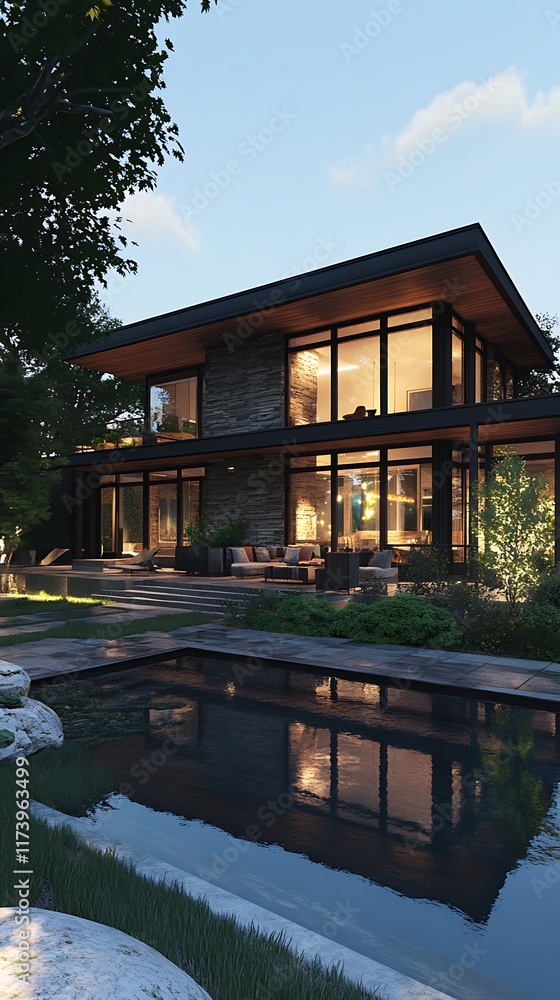 Modern house with large windows reflecting in a serene pond, surrounded by greenery.