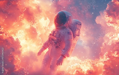 Surreal Astronaut Floating in Space Dreamy Watercolor Art with Pastel Colors and Glowing Background Light photo