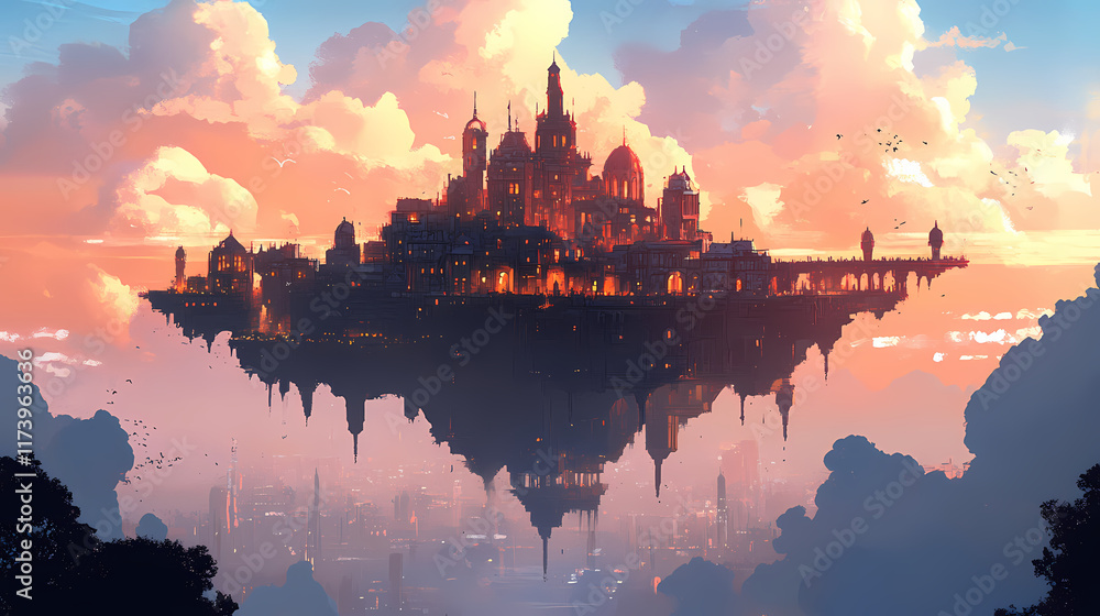Fototapeta premium Skybound city a floating metropolis at dusk. Skybound. Illustration