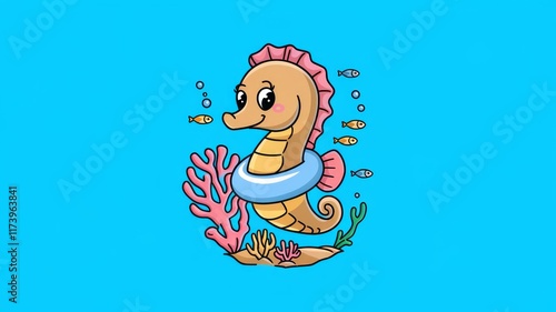 A vector style illustration of a cute seahorse wearing a swimming floatie , isolated Generative AI photo