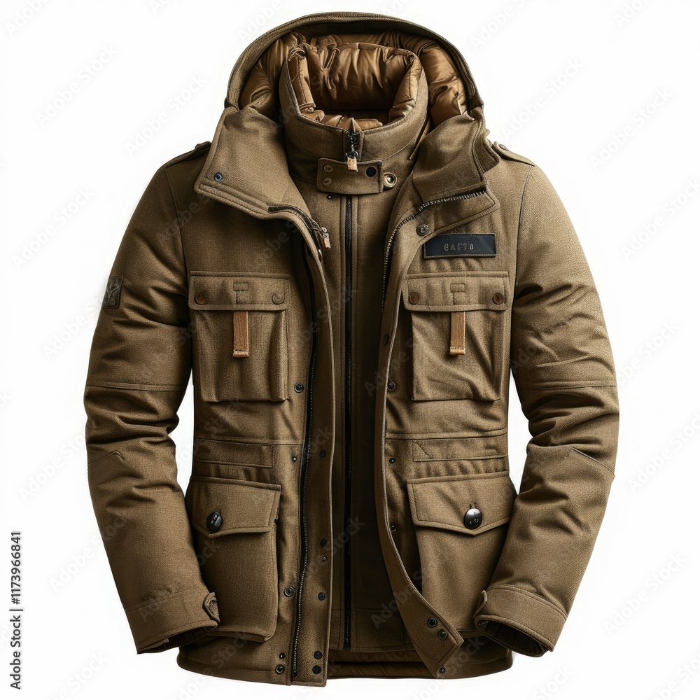 A stylish olive-green parka with multiple pockets, a detachable hood, and a warm inner lining, perfect for cold weather. A stylish olive-green parka with multiple pockets, a detachable hood, and a warm inner lining, perfect for cold weather.
