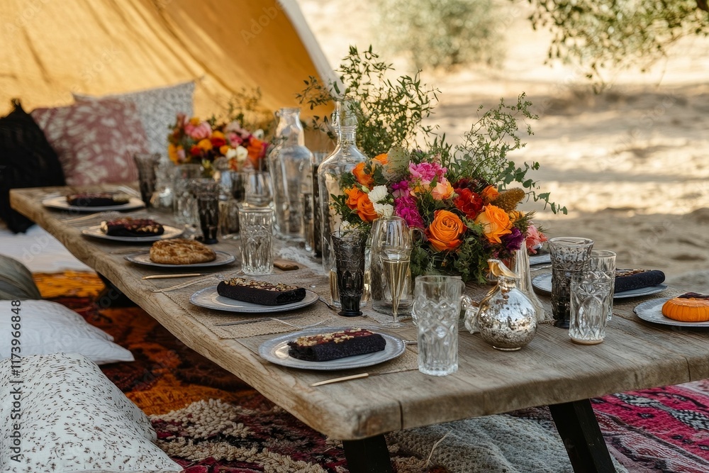 Fototapeta premium Rustic outdoor table setting, floral centerpiece, desserts.