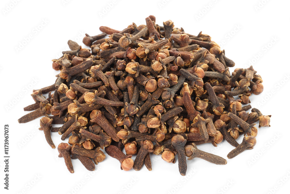 Pile of dry clove buds on white background. Aromatic spice Pile of dry clove buds on white background. Aromatic spice