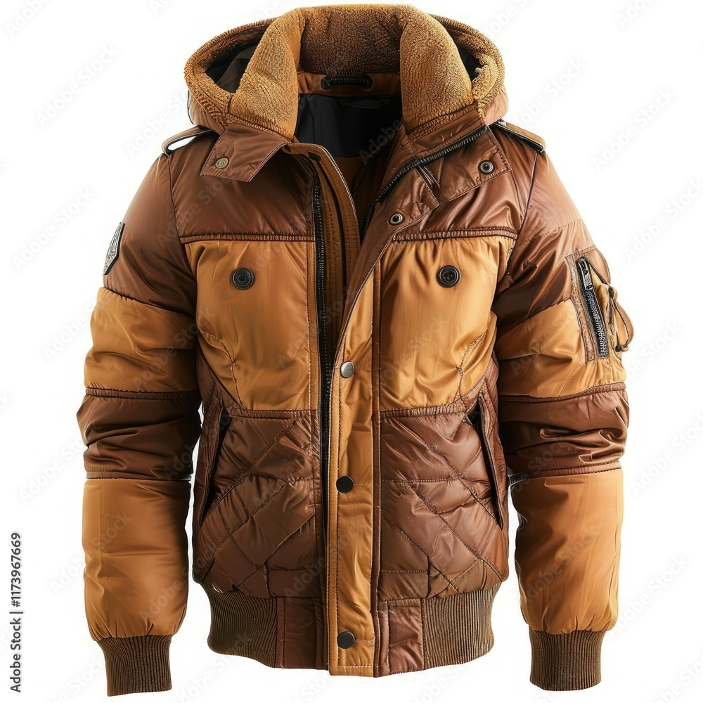 A stylish brown quilted bomber jacket with a hood, perfect for colder weather. A stylish brown quilted bomber jacket with a hood, perfect for colder weather.