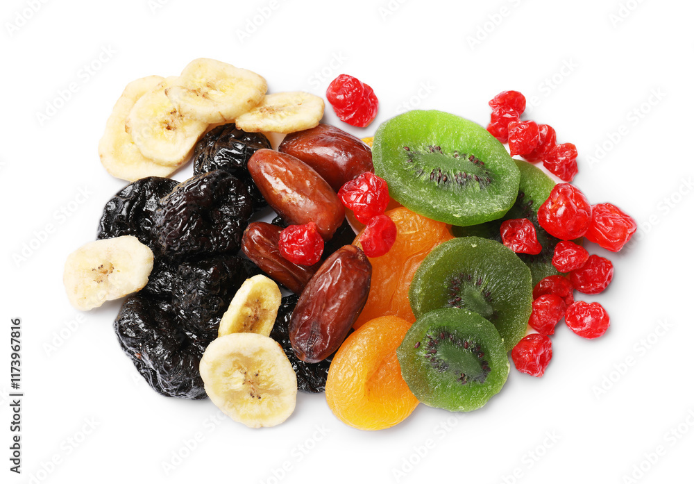 Mix of different dried fruits isolated on white, top view Mix of different dried fruits isolated on white, top view