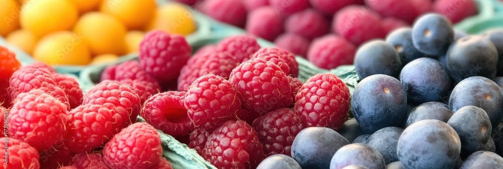 Vibrant display of fresh fruits at a local farmer market celebrating healthy living and seasonal abundance Vibrant display of fresh fruits at a local farmer market celebrating healthy living and seasonal abundance