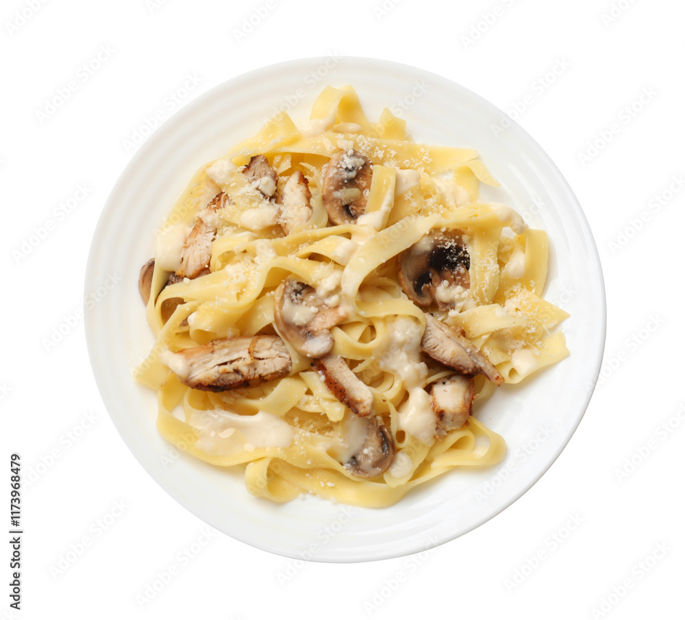 Tasty Alfredo pasta with chicken and mushrooms isolated on white, top view Tasty Alfredo pasta with chicken and mushrooms isolated on white, top view