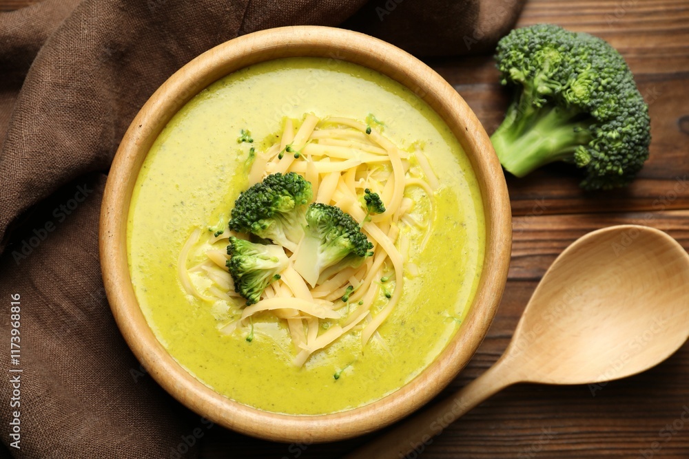 Delicious broccoli cream soup served on wooden table, flat lay Delicious broccoli cream soup served on wooden table, flat lay