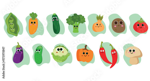 A colorful collection of smiling vegetables with playful faces, including peas, carrot, zucchini, broccoli, onion, potato, tomato, eggplant, cucumber, cabbage, pumpkin, chili peppers, and a mushroom