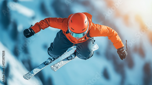 Mid-Air Ski Jump. A ski jumper in an orange helmet and jacket soars mid-air against a snowy mountain backdrop. photo