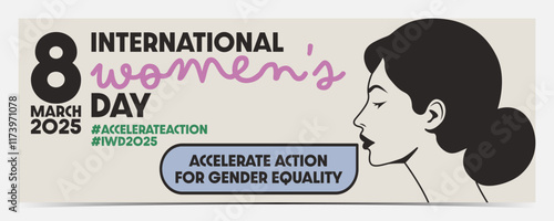 International Women's Day, March 8, #accelerateaction #iwd2025 minimalistic cover, poster, greeting card, label, flyer, banner with woman profile, accelerate action for gender equality