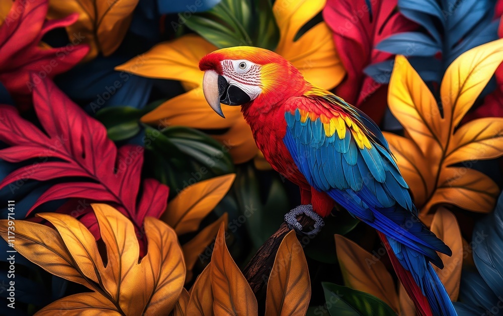 Obraz premium Scarlet Macaw Amidst Vibrant Tropical Foliage