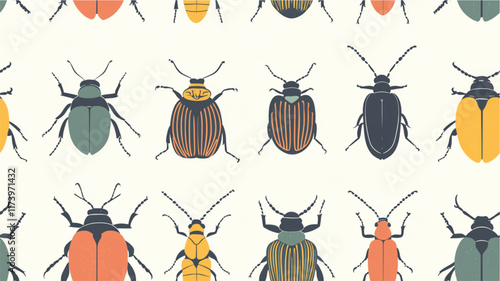 Pastel seamless pattern featuring abstract minimalist beetles illustration