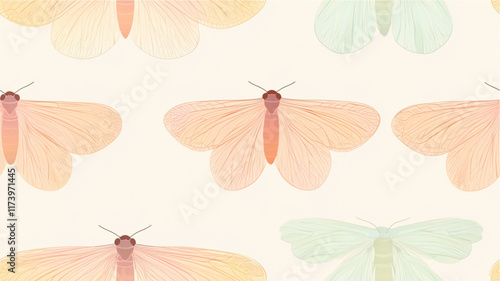 Minimalist pastel pattern of transparent winged cicadas on backdrop