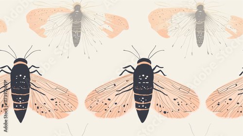 Minimalist pastel pattern of transparent winged cicadas on backdrop