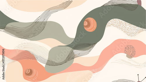 Abstract snails in pastel colors on wavy terrain