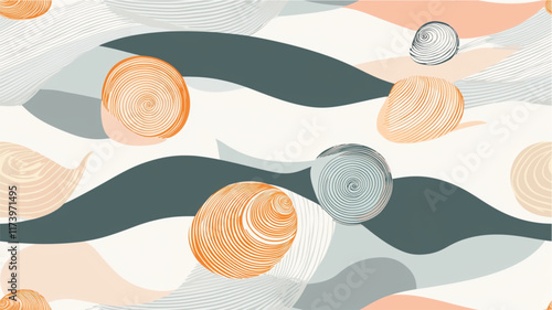 Abstract snails in pastel colors on wavy terrain