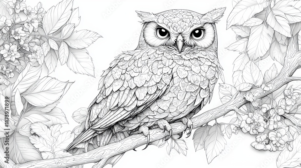 Fototapeta premium Intricate Owl in Blossoming Branches: A Masterpiece of Detailed Line Art