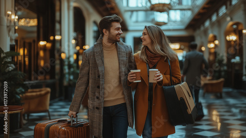 Shopping. Mall, store, supermarket. Hotel Stroll. Young couple walking, smiling with coffee in stylish hotel. Travel, leisure, vacation.
