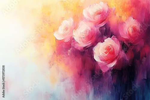 Fototapeta Naklejka Na Ścianę i Meble -  Soft pink roses emerge from vibrant, dreamy background, evoking