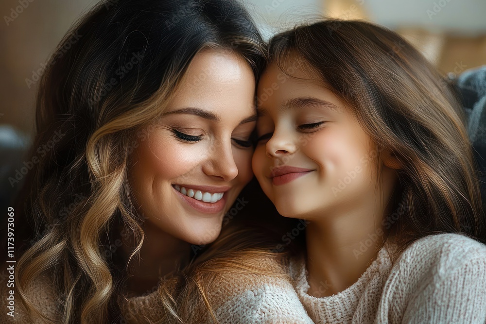 Happy Mother Daughter Moments Smiling Laughing Together in Soft Light Cozy Home Setting Happy Mother Daughter Moments Smiling Laughing Together in Soft Light Cozy Home Setting