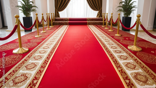 Red carpet and golden stymies on the stone floor of luxury event entrance, red carpet with gold border and decorative patterns at both ends. A wide angle photo of an elegant carpet leading to camera photo