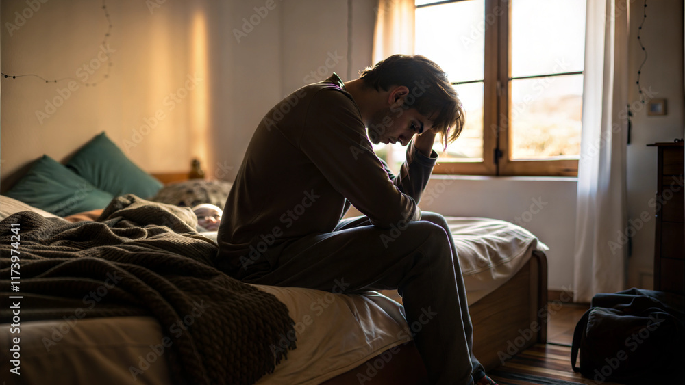 Man sitting on bed in dimly lit room holding head in hands feeling stressed and anxious