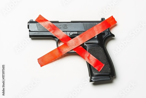 Black handgun with red tape crossed over, symbolizing gun contro photo