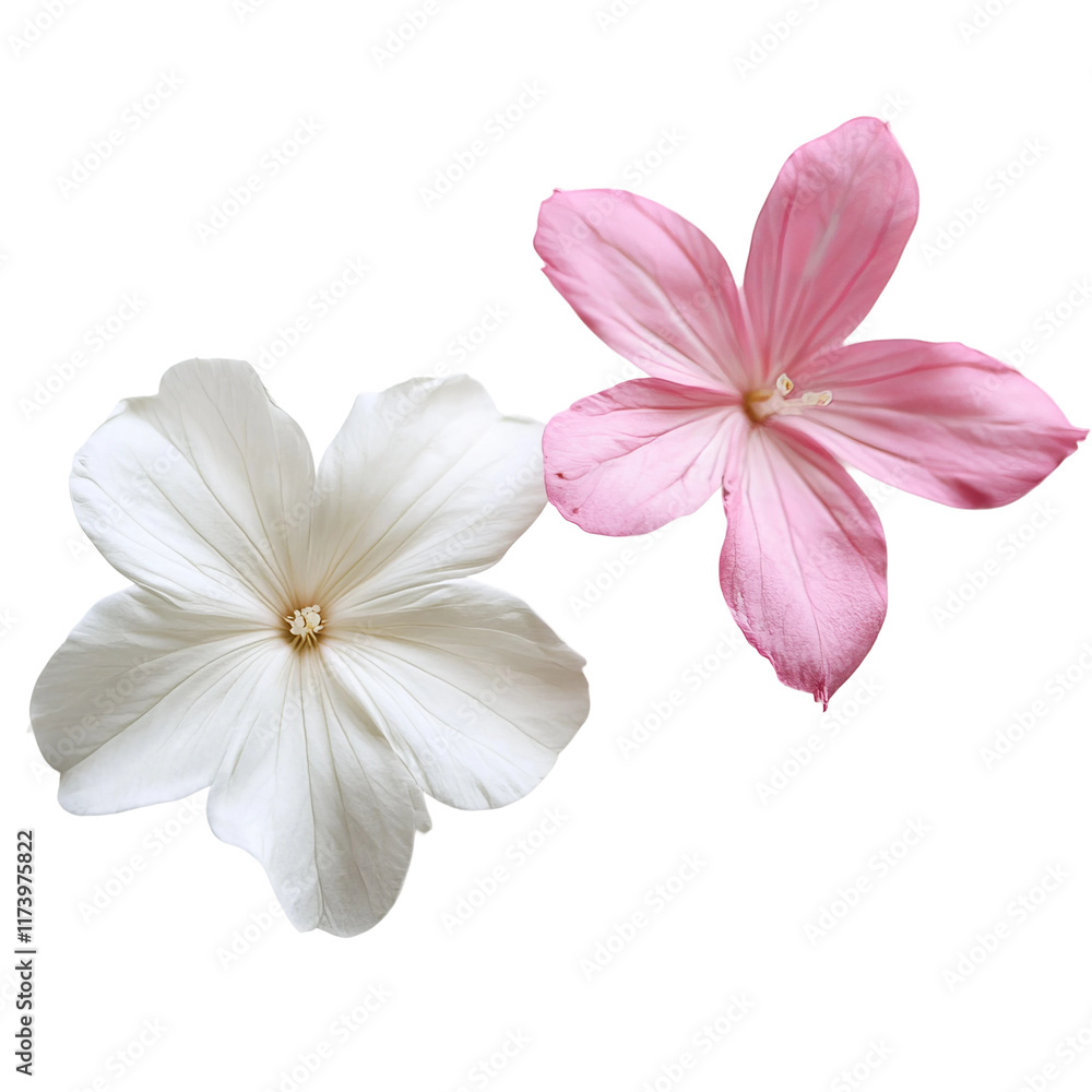 Fototapeta premium two flowers one white and one pink with five petals isolated on white background