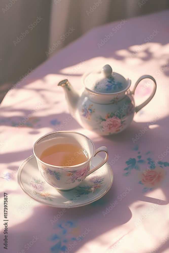 Delicate tea set rests on softly lit table, casting gentle shado Delicate tea set rests on softly lit table, casting gentle shado