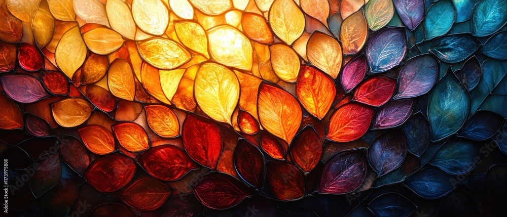 Vibrant Stained Glass Abstract Swirl of Colorful Leaves Backlighted with Warm Sunlight High Contrast Depth and Texture Vibrant Stained Glass Abstract Swirl of Colorful Leaves Backlighted with Warm Sunlight High Contrast Depth and Texture