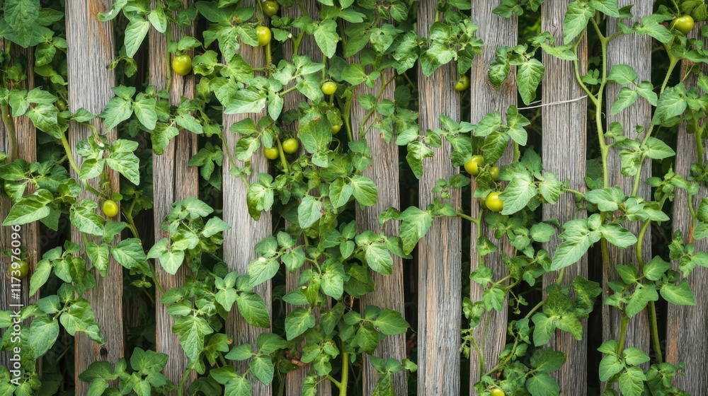 Climbing tomato plants thrive on trellises, adding vibrant greenery to the backyard garden in midsummer Climbing tomato plants thrive on trellises, adding vibrant greenery to the backyard garden in midsummer