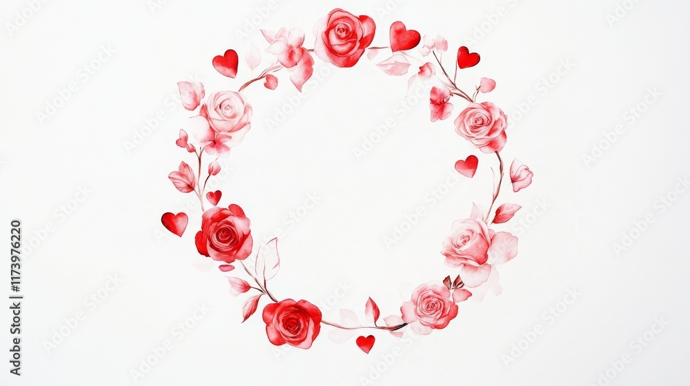 Watercolor wreath of red and pink roses and hearts creating a romantic frame Watercolor wreath of red and pink roses and hearts creating a romantic frame