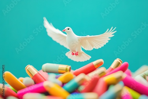 White dove soars above vibrant capsules, symbolizing hope and he photo