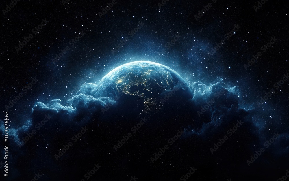 Obraz premium Earth from Space Realistic Digital Painting Glow Starry Night Sky Universe