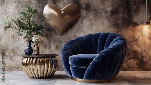 Luxurious navy velvet armchair with gold heart decor.