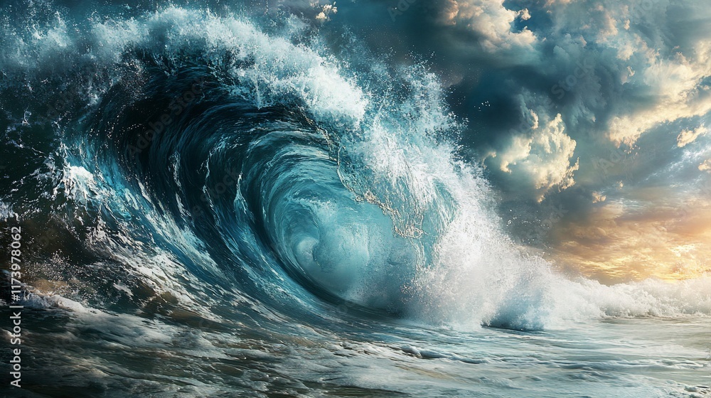 Dramatic ocean wave crashing during sunset. Dramatic ocean wave crashing during sunset.