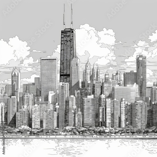 Hand-drawn panorama of the Chicago skyline, detailed ink illustration in black and white, urban cityscape, architectural design, city skyline photo