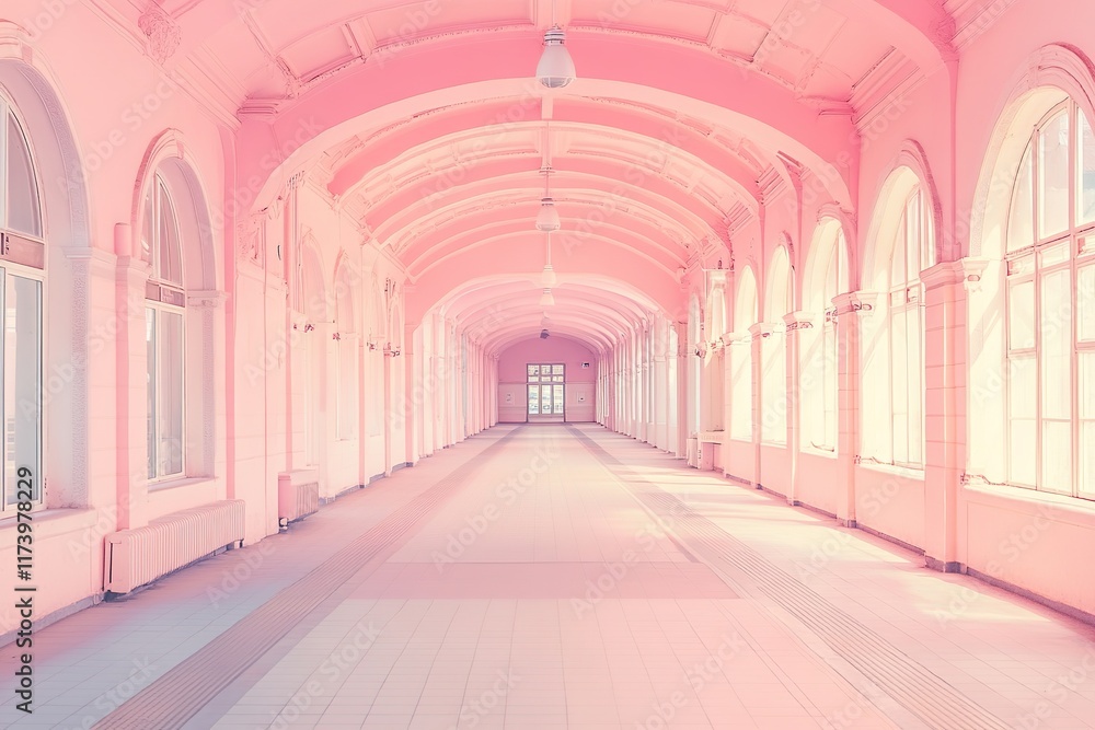 Fototapeta premium Bright pink corridor features elegant arches and ample natural l