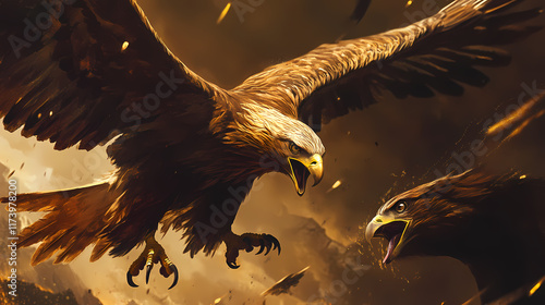 A close-up of an eagle attacking its prey with talons extended. Skybound. Illustration
