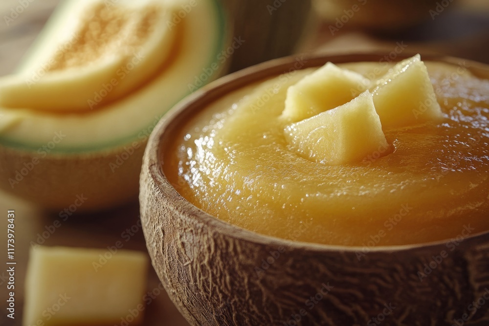 Smooth and creamy melon puree garnished with fresh melon cubes in a rustic bowl. Smooth and creamy melon puree garnished with fresh melon cubes in a rustic bowl.